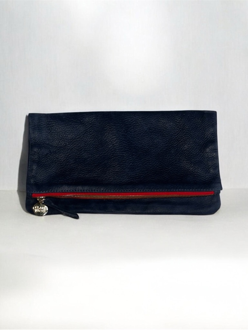 Clare Vivier Navy Pebbled Leather Fold-Over Clutch Pouch with Red Zipper